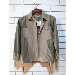 ZARA Army Olive Green Contrast Faux Leather Sleeve Studded Shirt Jacket XS - NWT